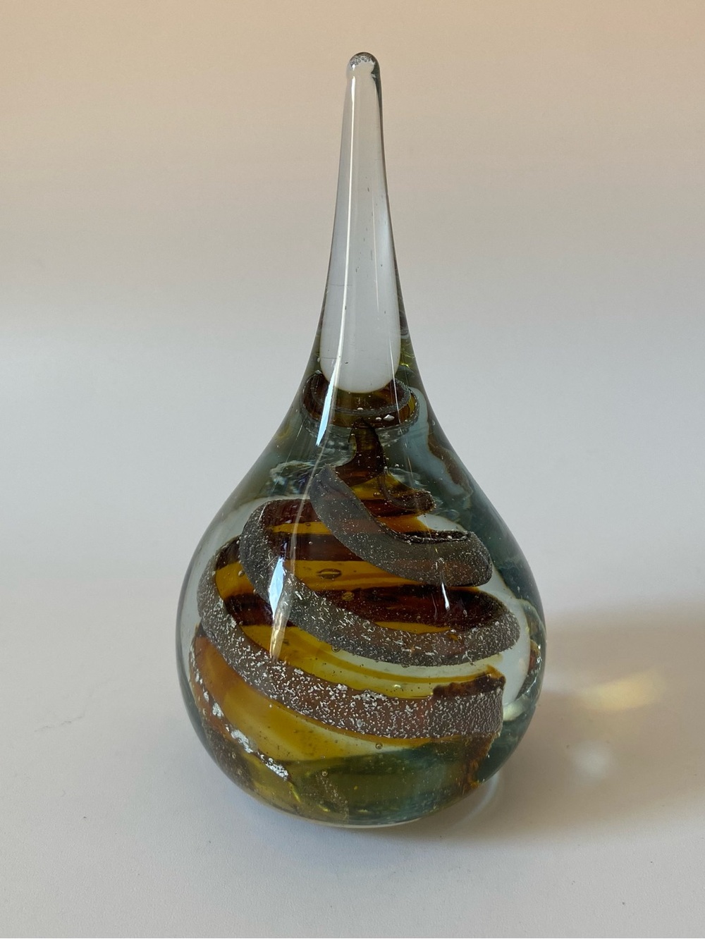 Handblown Glass Teardrop Paperweight Sculpture in Amber and Clear